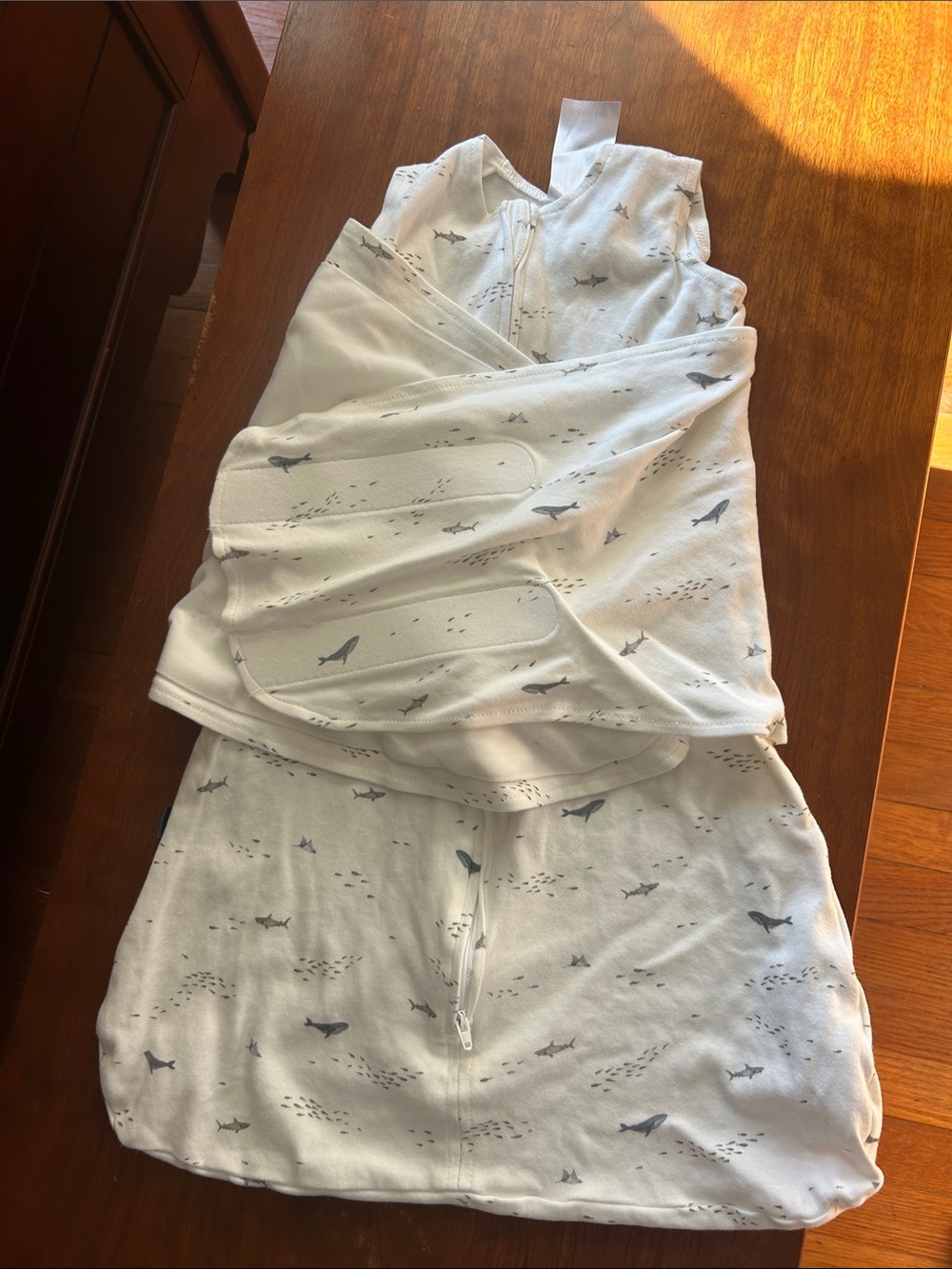 Infant White Sleeper Swaddle Sleep Sack with Shark Print